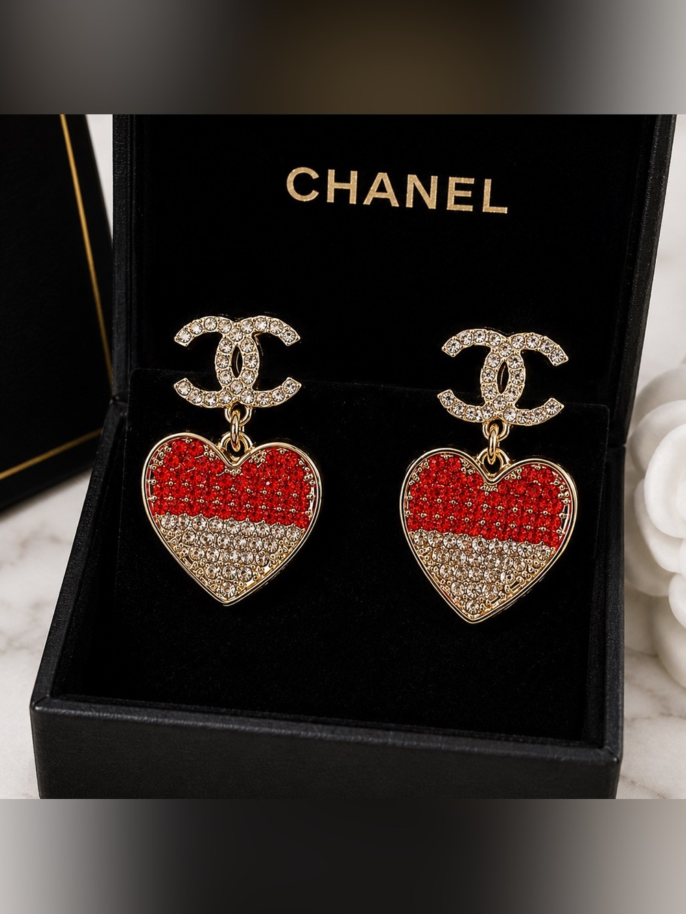 CHANEL Red and Gold Heart Earrings